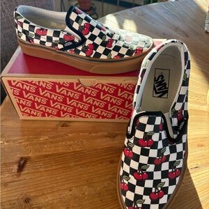 Vans Black and White Checkerboard Slip-Ons with Cherry Accents